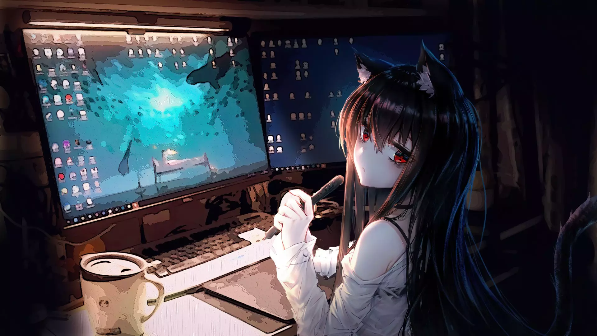 Anime girl sitting in front of a computer